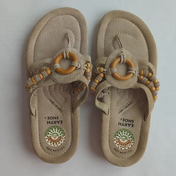 Earth Shoe Beaded Gelron 2000 Comfort First Leather Thong Sandal 7.5 Tan Brown - Picture 13 of 13